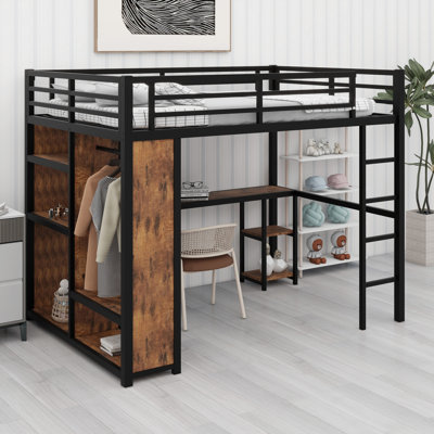 Metal Loft Bed Frame With Built-In Wardrobe, Desk And Storage Shelves