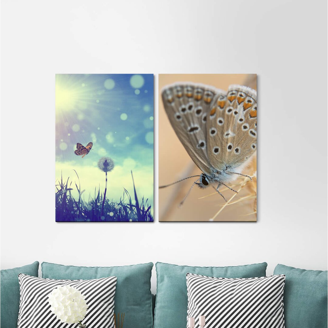 2-tlg. Leinwandbilder-Set - Fotografie „Summer Butterfly Blowball Sunshine Blue Sky Relaxing”