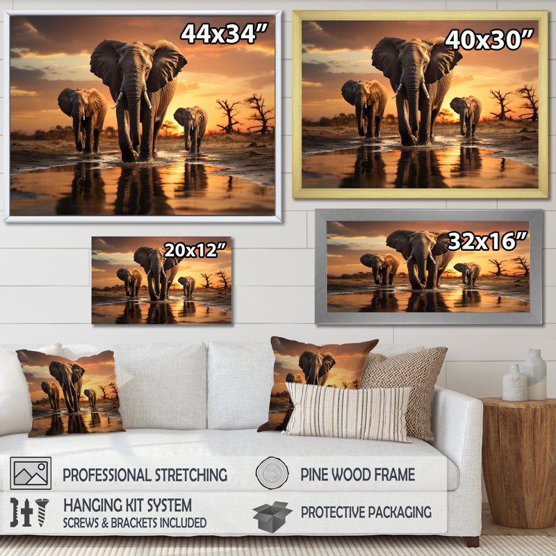 «Elephant Shadows Of Serenity II», art mural sur toile, Cadre doré simple, H 24 po x l 32 po x P 1 po