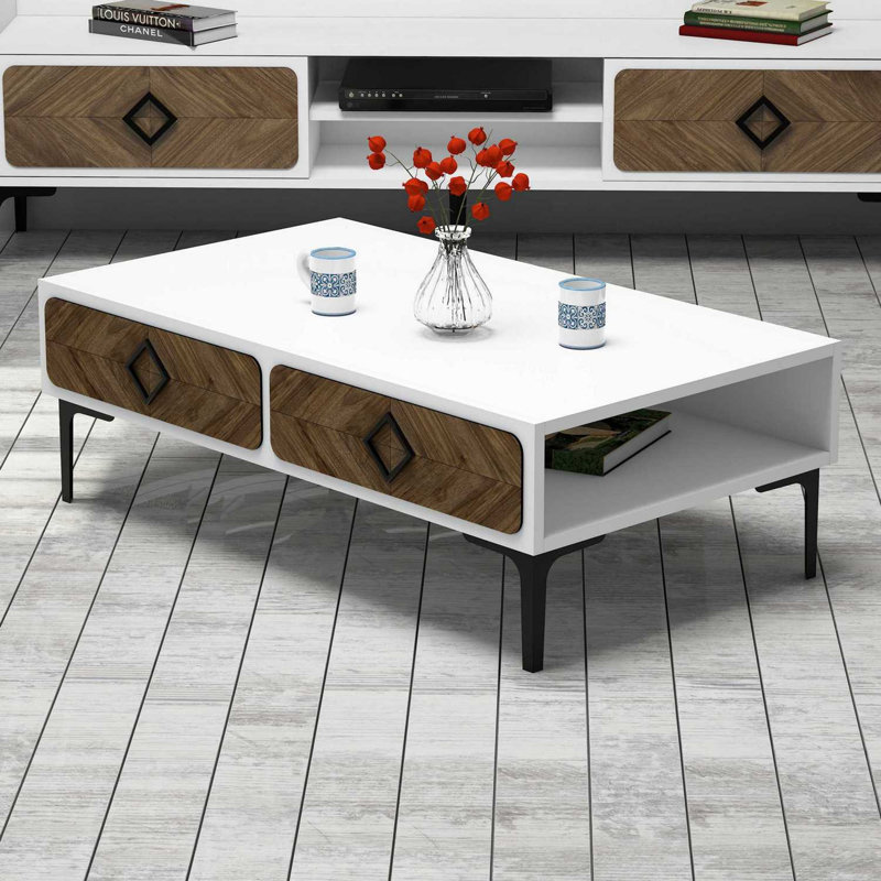 Table basse avec rangement Lelia, Blanc / brun / noir