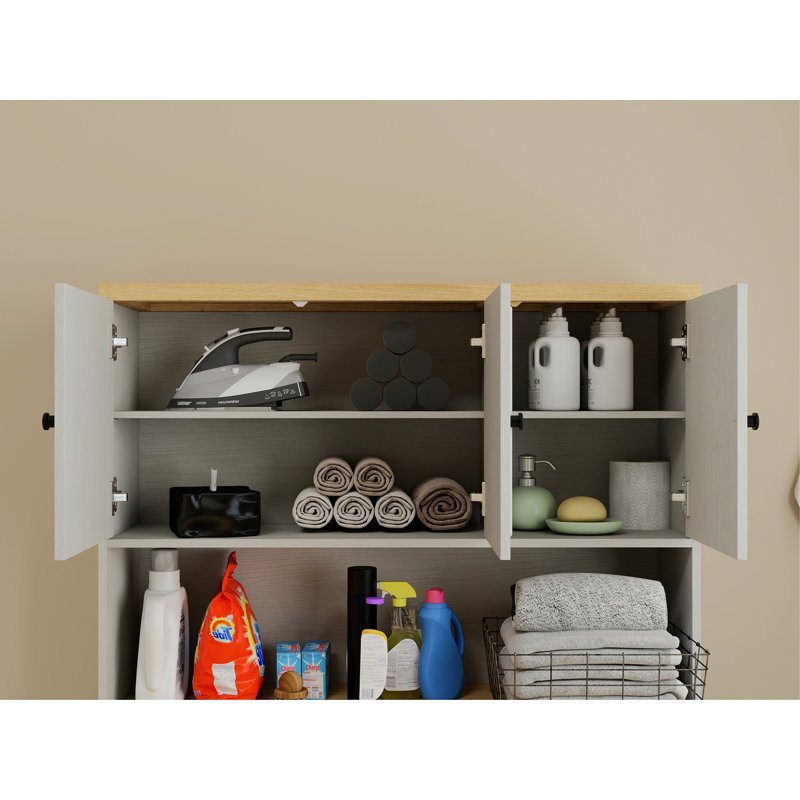 Over The Washer And Dryer Storage Cabinet Suitable For Compact Washing Machines, Laundry Room Storage Organizer With 1 Laundry Basket, 4 Doors, 1 Drawer And 2 Adjustable Shelves-Antique White