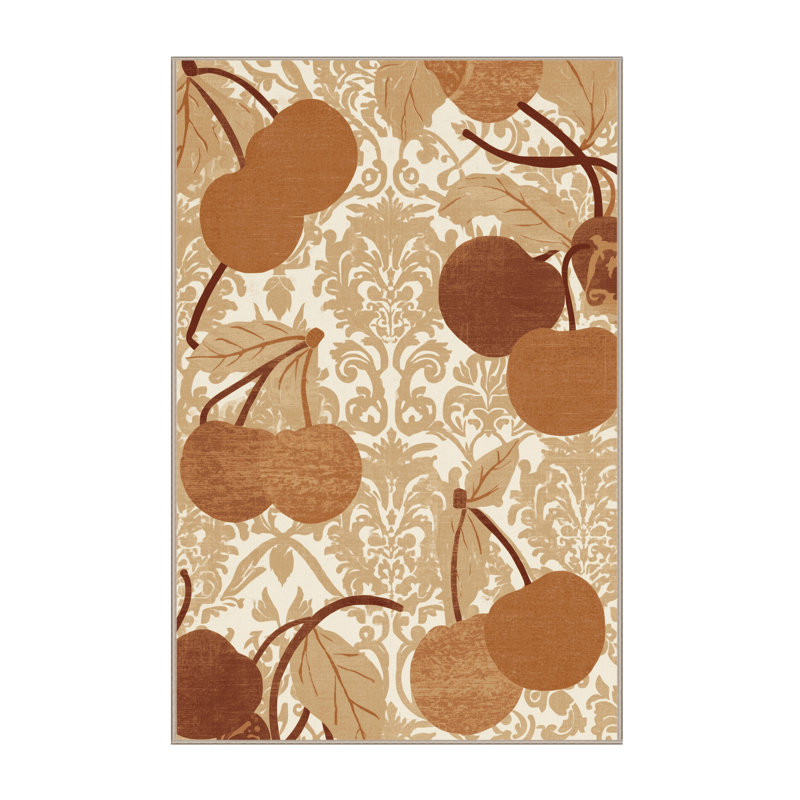 Machine Washable Tomohon Cherry Classic Damask Rug in Beige – Beige Binding, 6x9