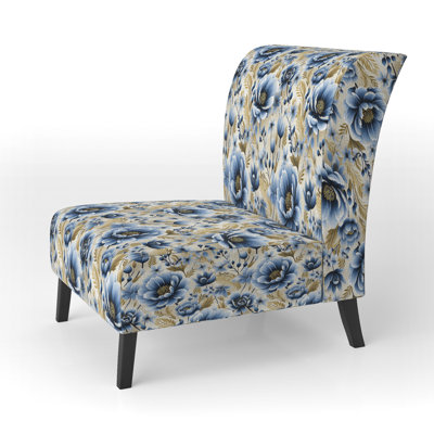 Vintage Blue And Beige Floral Pattern - Upholstered Farmhouse Slipper Chair, Blue Accent Chair