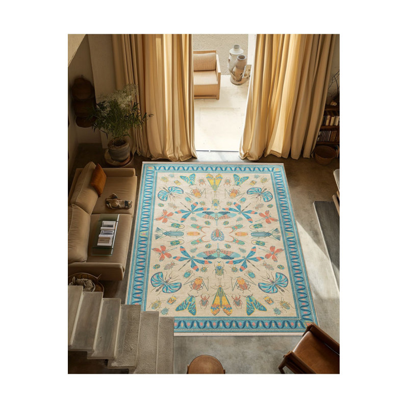 Tapis décoratif lavable à la machine à motif d'insectes bleus, Sous-tapis carré 3 pi 3 po inclus