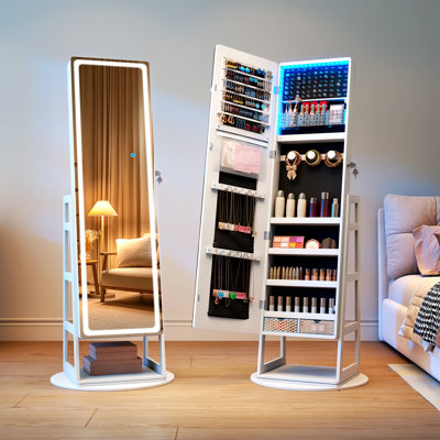 Armoire pour bijoux autoportante pivotante à 360 ° avec miroir pleine longueur à éclairage DEL