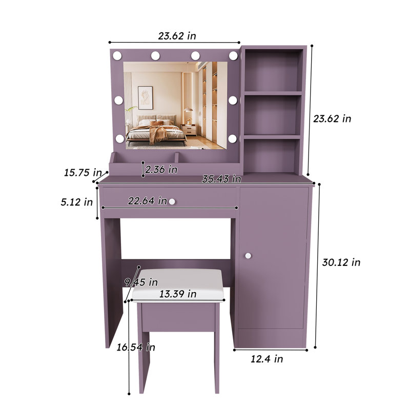 Makeup Vanity with Bulb LED Mirror and Stool Storage Dressing Table for Bedroom