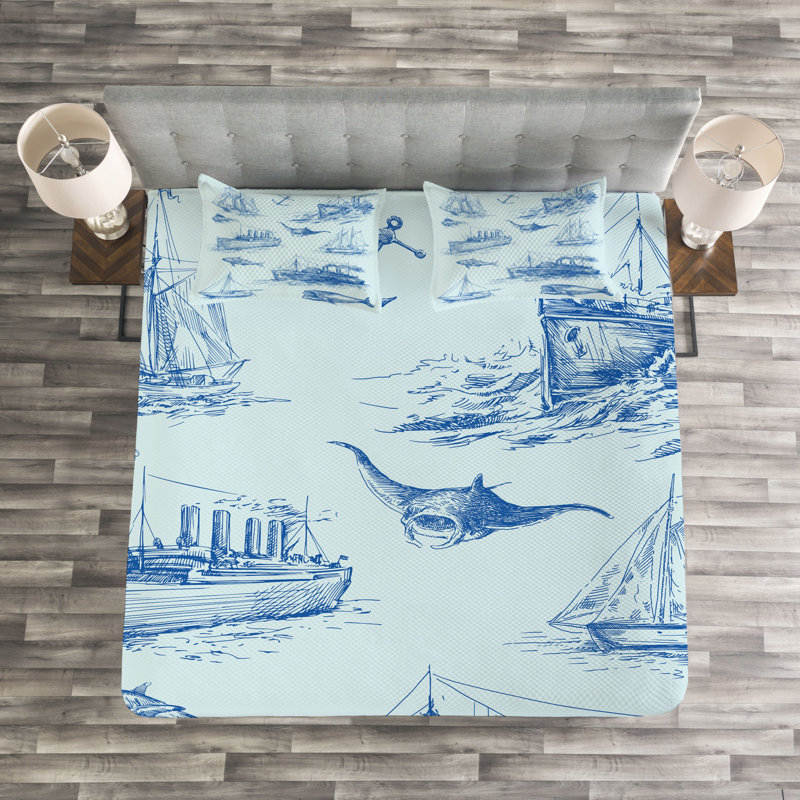 Nautical Bedspread Set with Cushion Cover, 220 x 220 cm Bedspread - 2 Shams