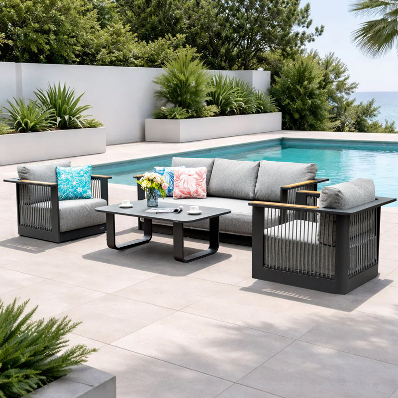 4-piece Premium Aluminum Outdoor Furniture Set With 26 Cm Cushions & Teak Armrests