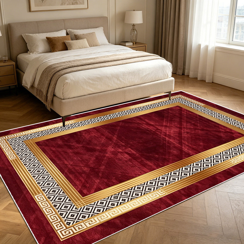 1PC luxury vintage gold greek key geometric diamond burgundy velvet area rugs, Soft and Comfortable, easy-to-maintain, machine washable Indoor floor mat, suitable for living room, bedroom, dining room, hallway, foyer, study room, patio, balcony, entr