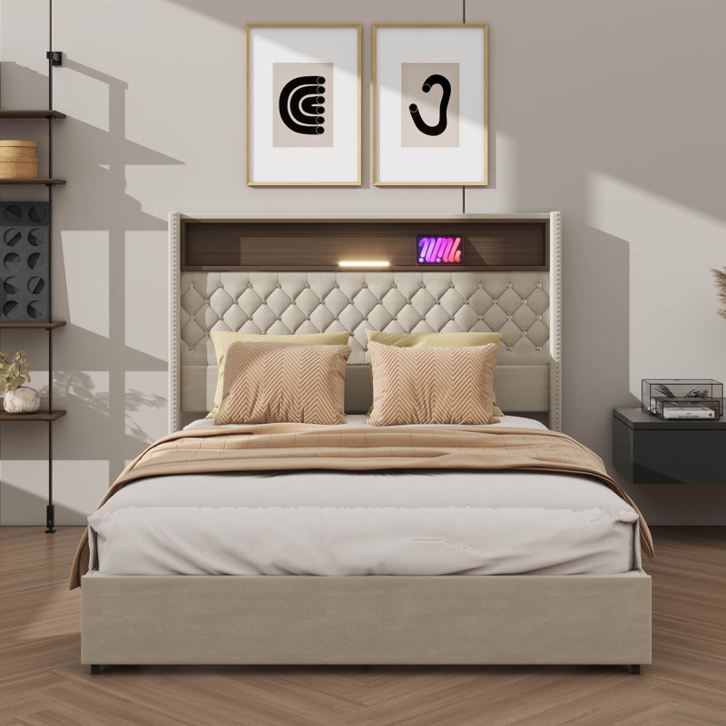 Structure de lit tapissier en velours pour grand lit, USB et veilleuse intégrée, lit plateforme à oreilles avec compartiment de rangement pour tête de lit