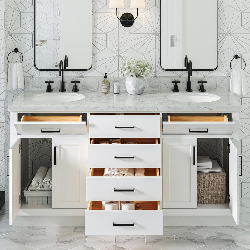 Thornaby 66'' Solid Wood Double Bathroom Vanity with 1.5'' Carrara Marble Top, White / Matte Black, Oval