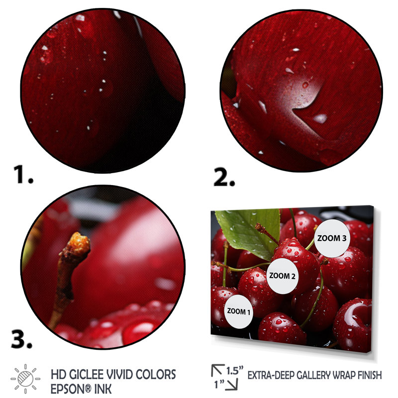 Cherry Macro Food - impressions sur toile cerise, H 24 po x l 32 po x P 1 po, Cadre flottant doré