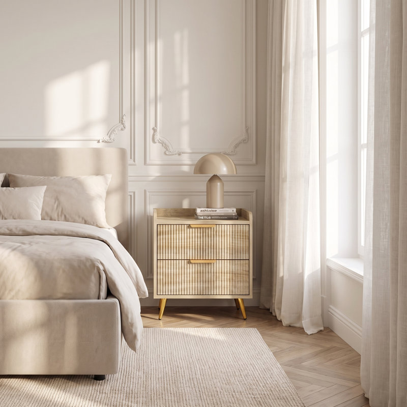Bedside Table with 2 Drawers, Natural Wood Finish, Fluted Drawer Panels, Gold Metal Legs, Modern 50x40x50cm