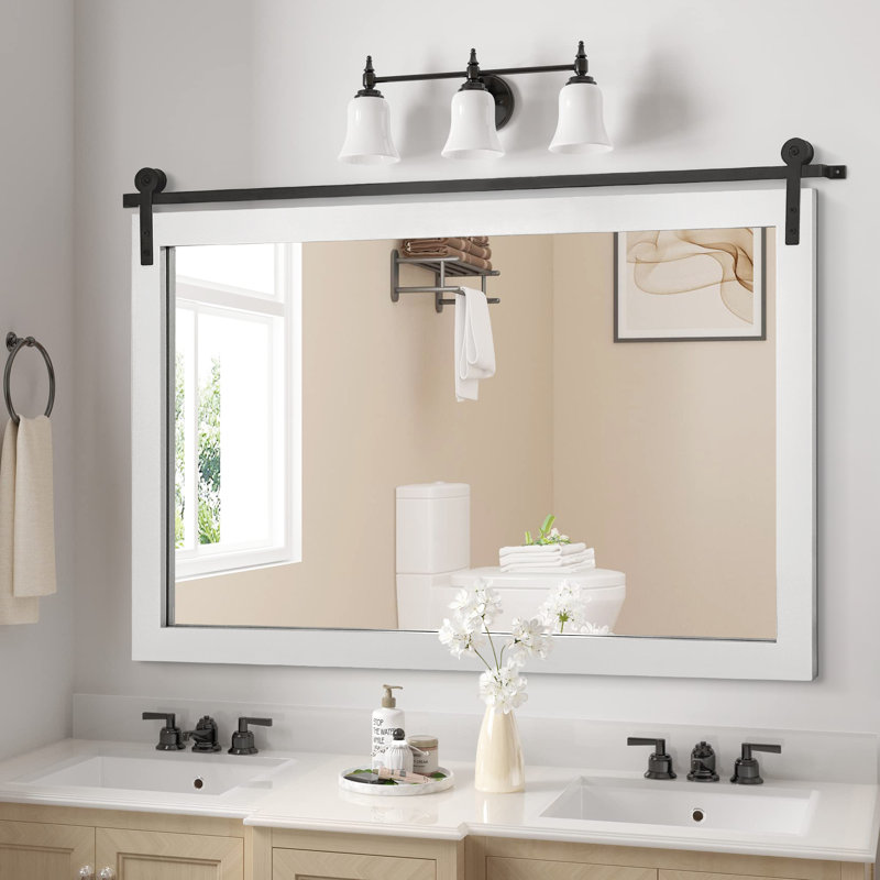  Rectangle Modern Solid Wood Farmhouse Accent Mirror, White, 26" x 40"