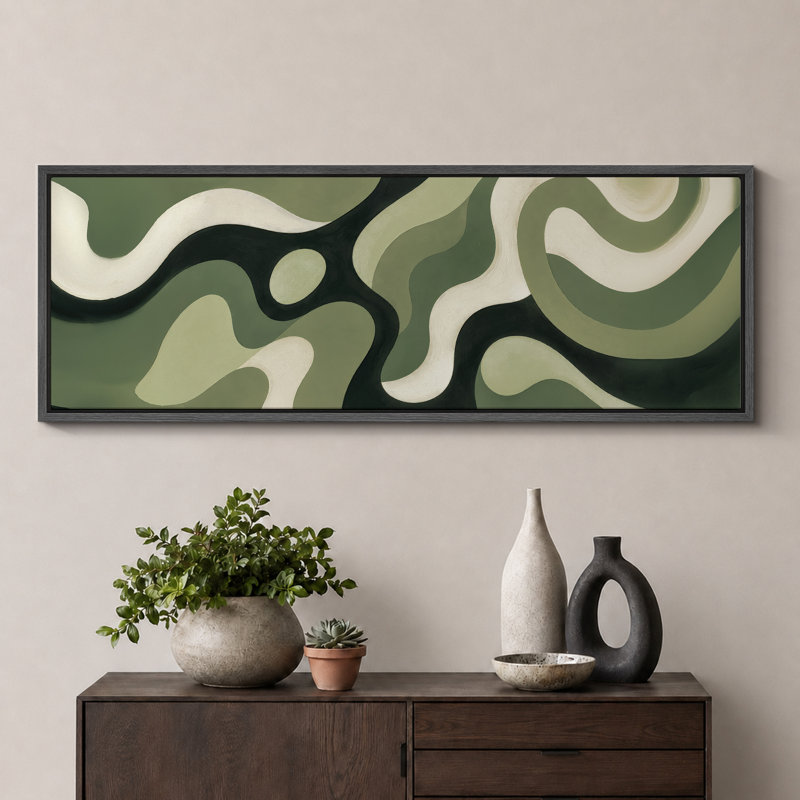 Impression sur toile encadrée, vert olive foncé, abstrait, moderne et contemporain, 20" H x 60" W x 1.5" D, Black