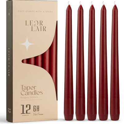 Bougies coniques rouge foncé - Lot de 12, 25 cm, sans parfum