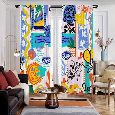 2Pcs Abstract Graffiti Art Curtains, Colorful Modern Geometric Striped Window Drapes For Living Room Bedroom Kitchen Rod Pocket Privacy Treatments, Home Decor