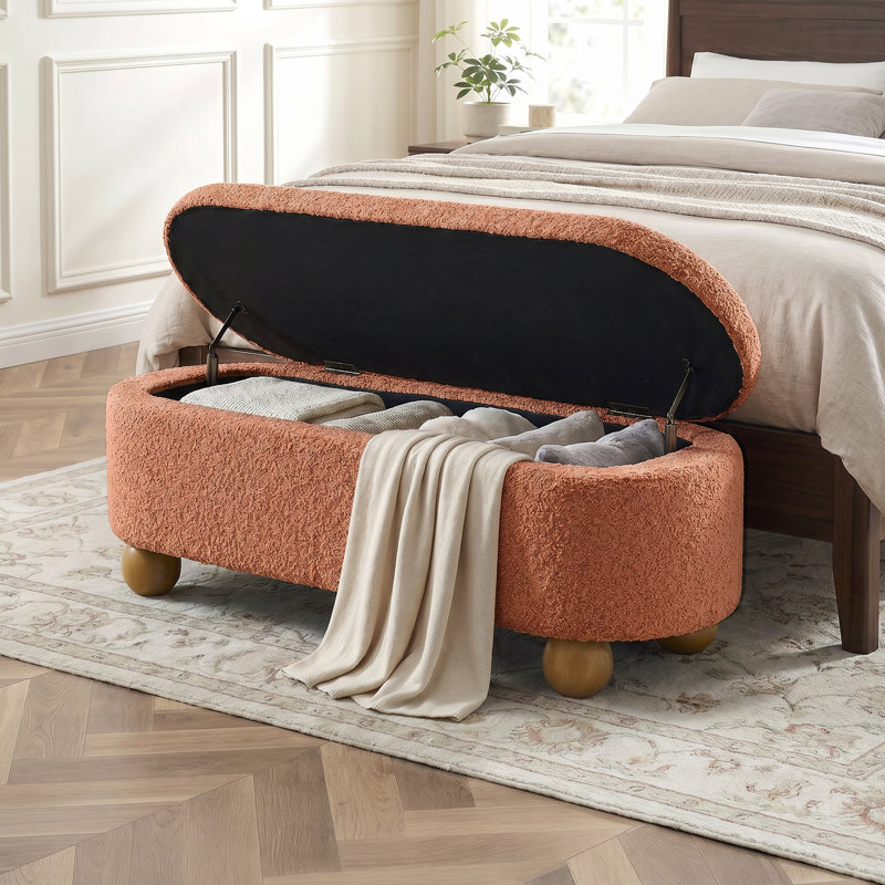 Banc de rangement moderne ovale avec pieds sphériques pour le hall d'entrée et le salon, Orange