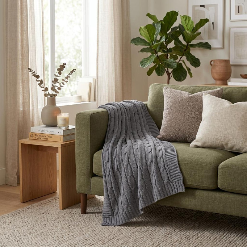Light Gray Knitted 100% Cotton Throw Blanket