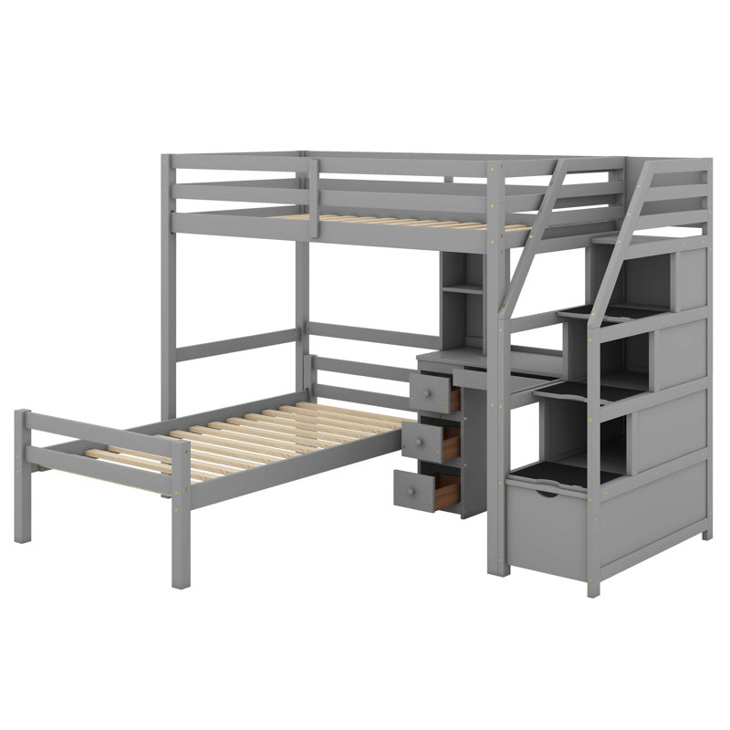 Twin Size Loft Bed With Desk, Shelves And Drawers, Gray