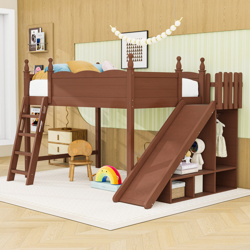 Lit mezzanine en bois avec garde-robe, étagère et glissoire intégrés, Lit double, Naturel foncé