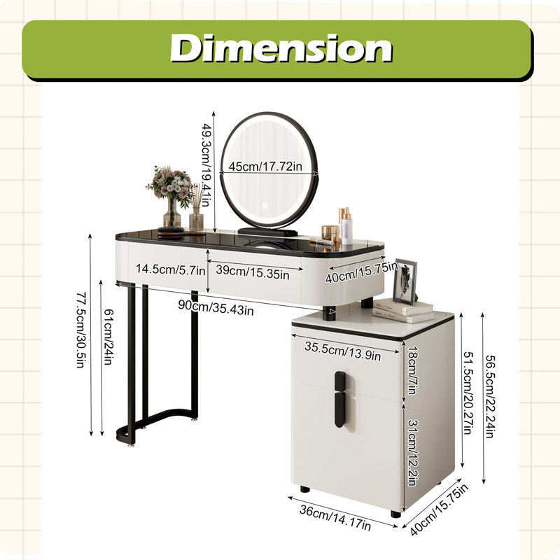 Modern Vanity Table With Tempered Glass Top, Adjustable Height Legs