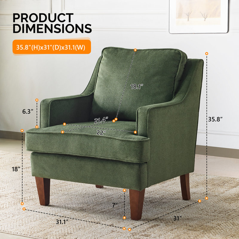 29"W T-Cushion Polyester Solid Wood Small Bedroom Chairs Mid Century Modern Accent Chair , Green Velvet
