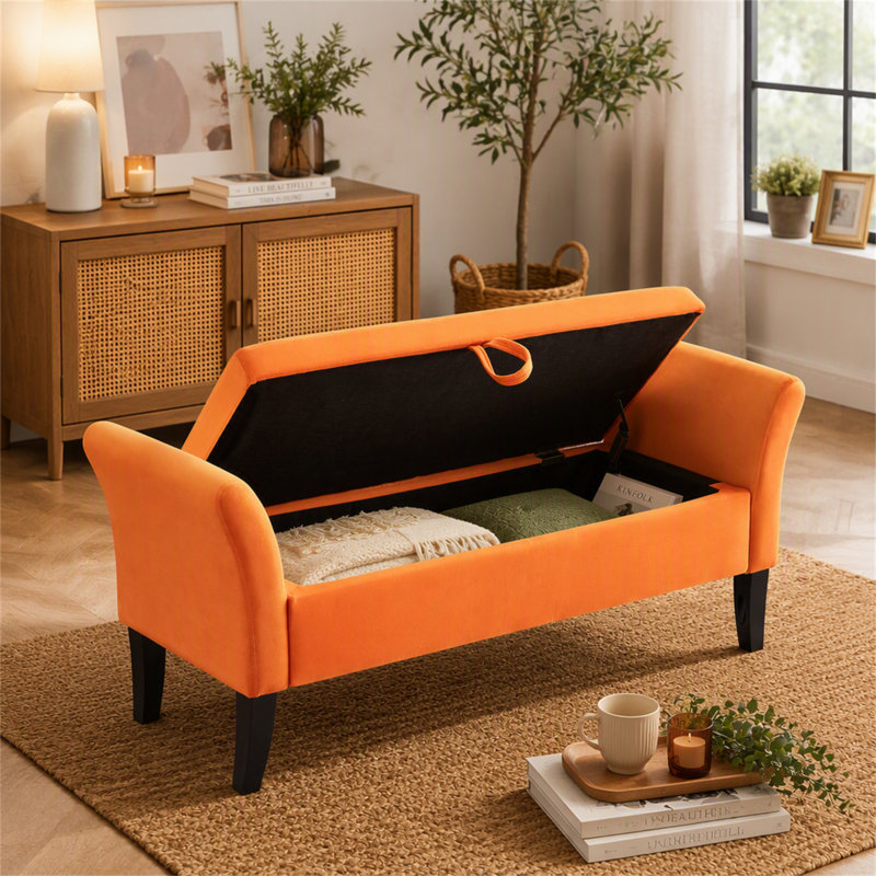 Banc de lit 51,5 po avec rangement en velours orange, H 22 po x L 51,5 po x P 18,3 po, Orange / look rétro, Orange
