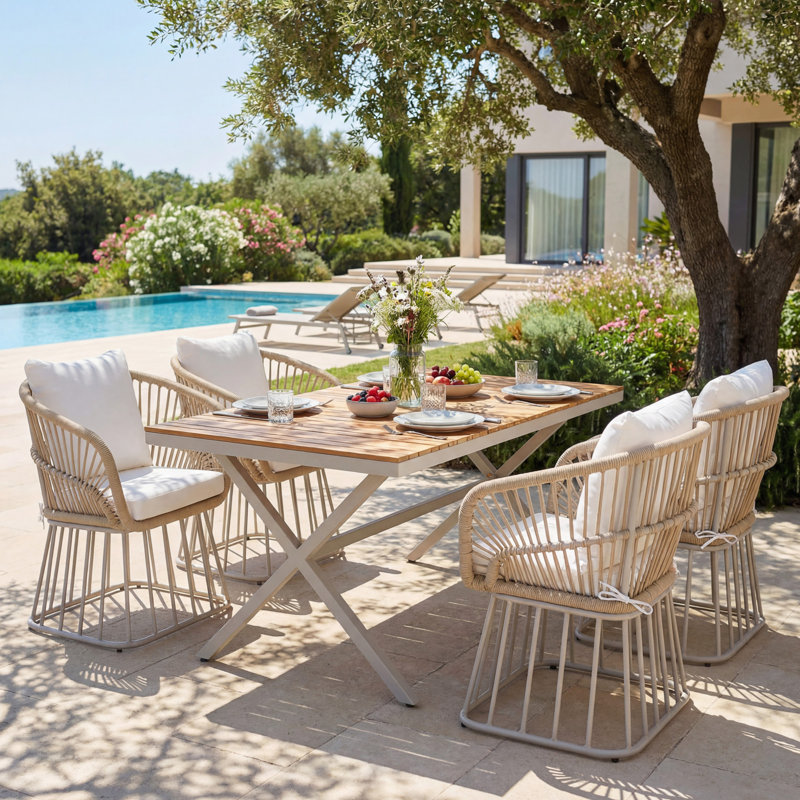 Ensemble repas d'extérieur 5 pièces - Table rectangulaire en bois de teck + 4 chaises en osier avec coussins, structure en acier beige, finition teck, parfait pour la terrasse, le patio ou le jardin