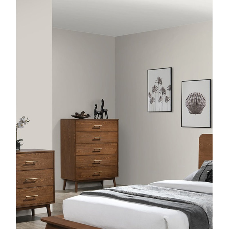 Noyer 1Pc Commode à tiroirs en bois massif avec 5 tiroirs ronds et pieds fuselés style moderne