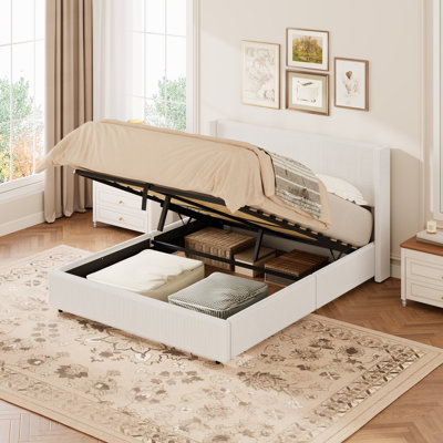 Grand lit avec rangement relevable, structure de lit tapissier moderne en velours côtelé avec tête de lit à oreilles, rangement hydraulique, aucun sommier tapissier requis, blanc