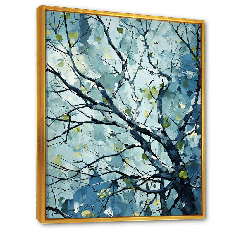 «Blue Springtime Basswood Tree», art mural arbre, Cadre flottant doré, H 20 po x l 12 po x P 1 po