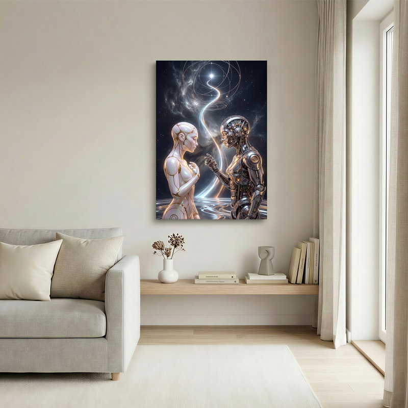 «Futuristic Silver Robot and White Android in Starry Space», art mural sur toile, H 24 po x l 16 po