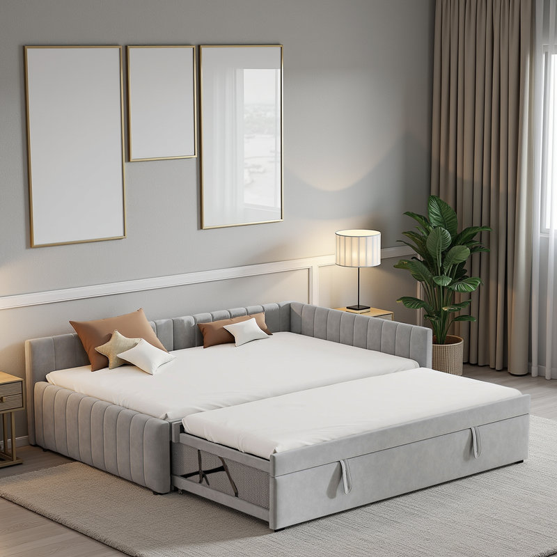 Lit de jour moderne en L rembourré avec couchette simple, Gris