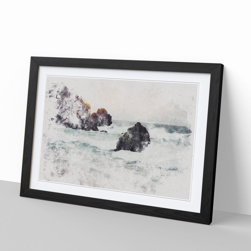 Beach Seascape Watercolour - Picture Frame Graphic Art, Black, 65cm H x 90cm W x 2cm D