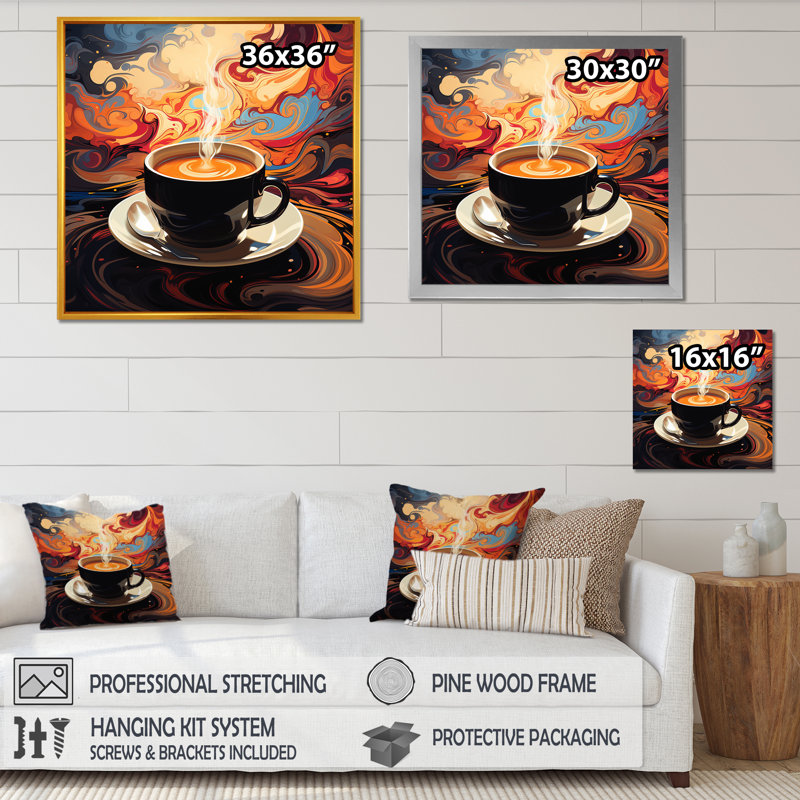«Yellow Steaming Cup Of Coffee I» - art mural café, H 30 po x l 30 po x P 1,5 po