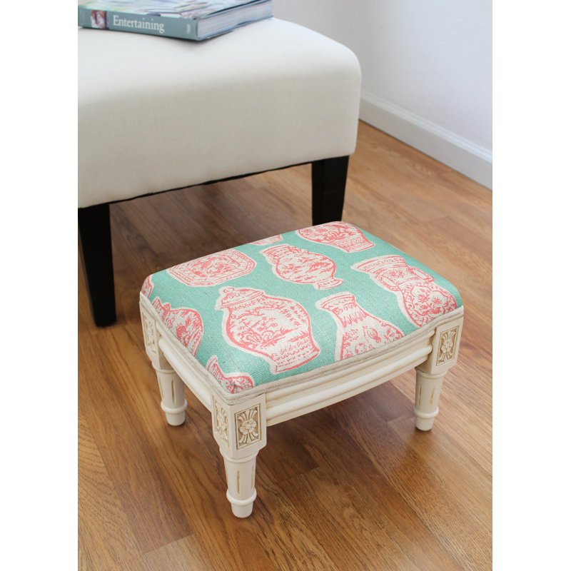 Camary Upholstered Ottoman, White, Pink/Aqua Toile Linen Blend