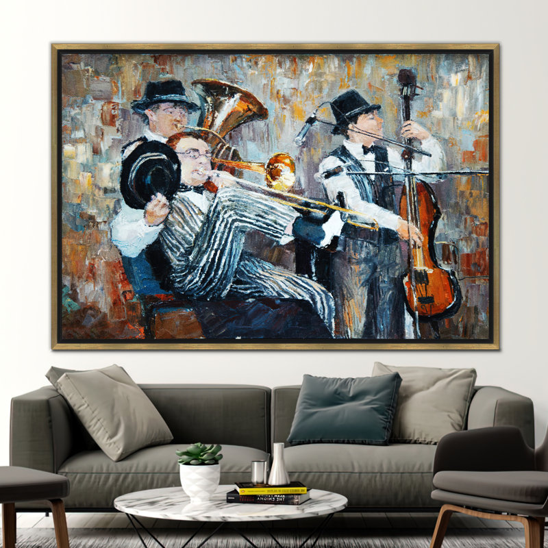 Reproduction d'art sur toile Jazz, H 26 po x l 37 po, Impression encadrée flottante sans passe-partout, Doré