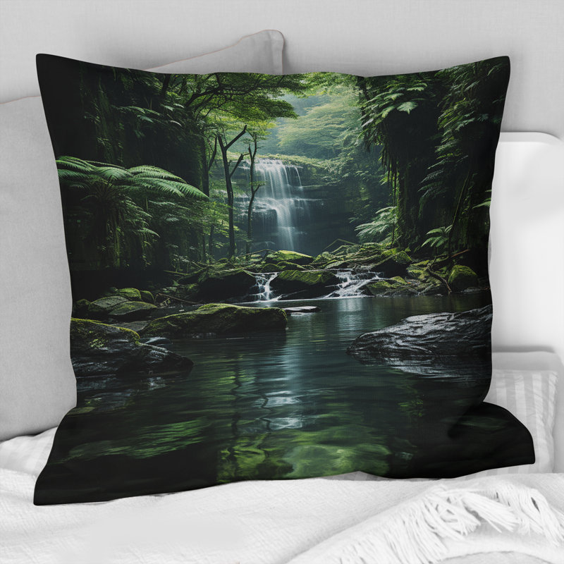Waterfall Hidden Oasis Forest II - Waterfall Printed Throw Pillow, 18" x 18"