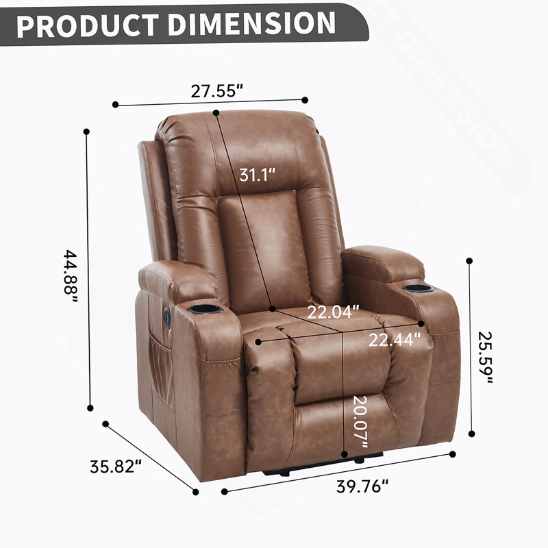 Brown PU Infinite Position Up To 350 LBS Power Lift Recliner Chair For Elderly, Heavy Duty Motion Mechanism With 8-Point Vibration Massage And Lumbar Heating, USB Charging Port, Cup Holders