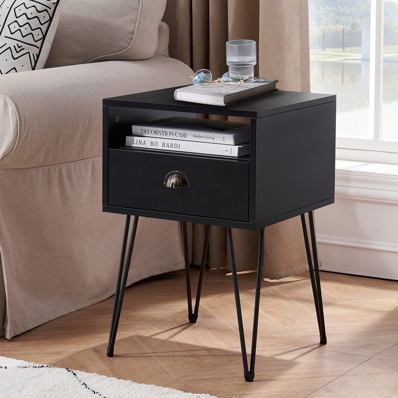 Kempst 23.7"Tall 1 - Drawer Iron Nightstand, Black