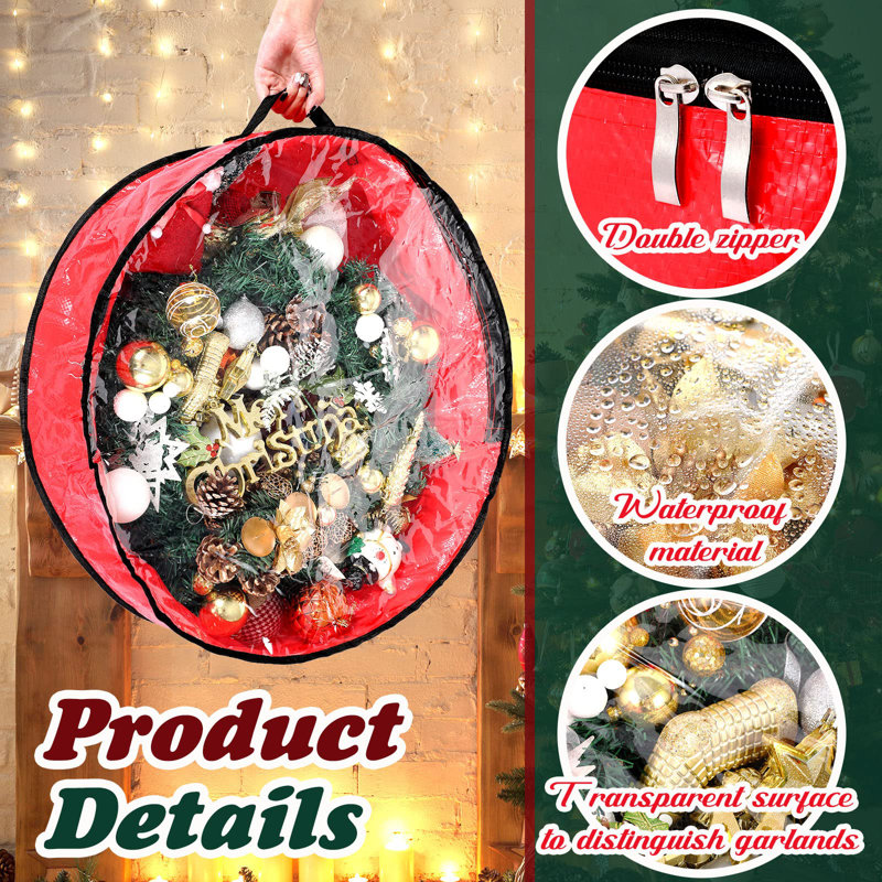 Red and Green Tear Resistant Fabric Christmas Wreath Storage Bags with Clear Window
