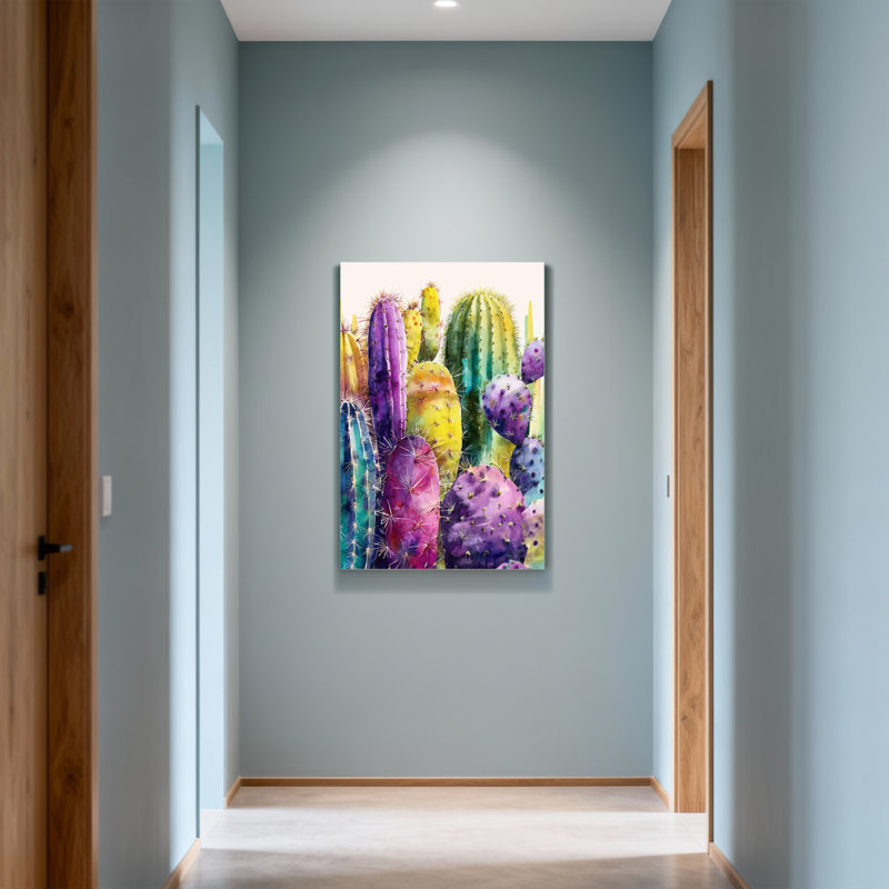 Plantes et fleurs, impression de cactus coloré aquarelle, H 28 po x l 40 po