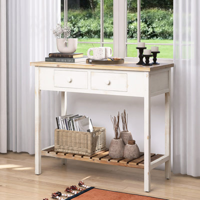 Console à deux tiroirs, tablette ouverte, aspect vieilli, entrée, salon, construction, sapin, profondeur