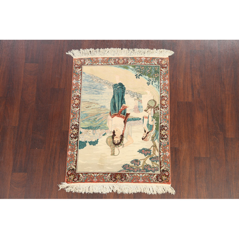 Tapis beige en laine noué à la main de conception unique 2 pi 10 po x 3 pi 10 po Lucia-Noelia