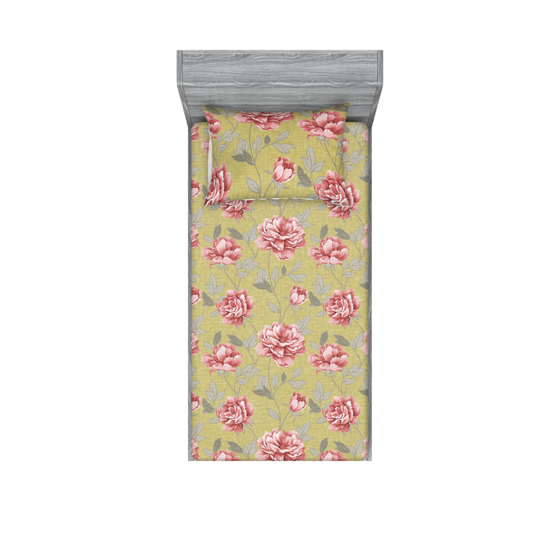 Drap-housse et taies décoratives 3 pièces Ambesonne, Rose pâle, vert pomme / floral