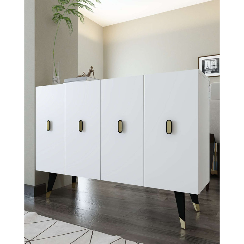 Console moderne avec tablettes, blanc et or, panneau de particules recouvert de mélamine à 100%, épaisseur: 0,7 pouce | Rangement mural élégant pour le salon et le vestibule, design élégant