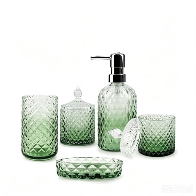 13.5 oz Elegant Diamond Embossed Glass Bathroom Accessory Set (Green)