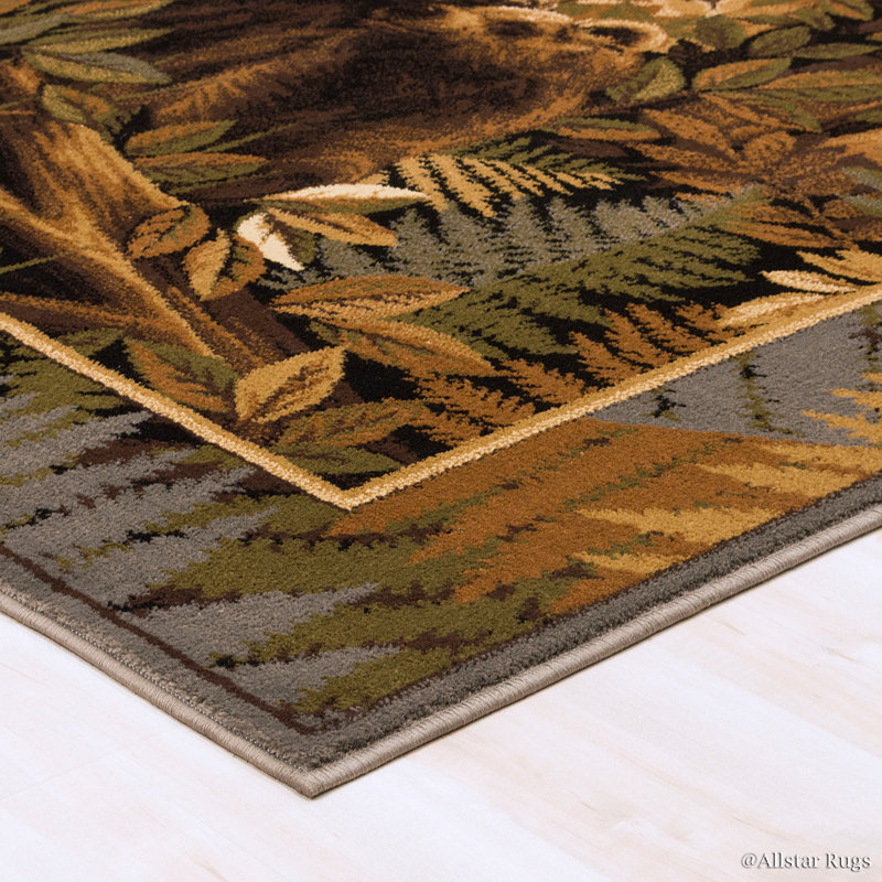 Brown and Green Bear Print Synthetic 5' x 7' Rug