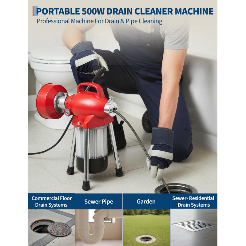 Electric Drain Snake, Auto-Feed Power Drain Cleaner Machine 500w 400RPM with 6' x 5/8" & 16' x 3/8" Steel Cables & 6 Cutters for 3/4" to 4" Pipes, Toilet Sink Bathtub Sewer Line Auger